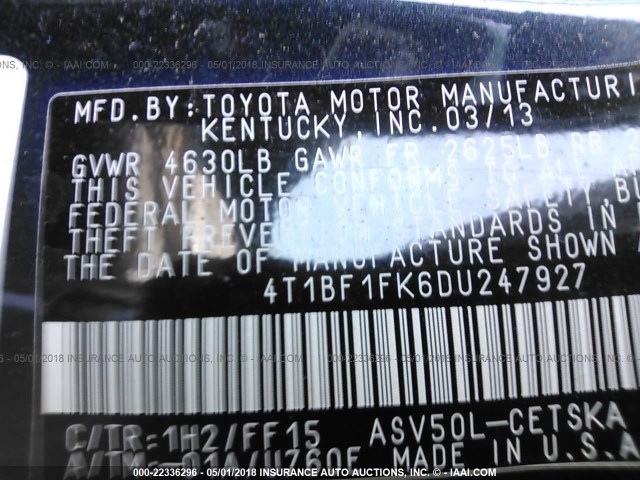 4T1BF1FK6DU247927 - 2013 TOYOTA CAMRY L/SE/LE/XLE BLACK photo 9