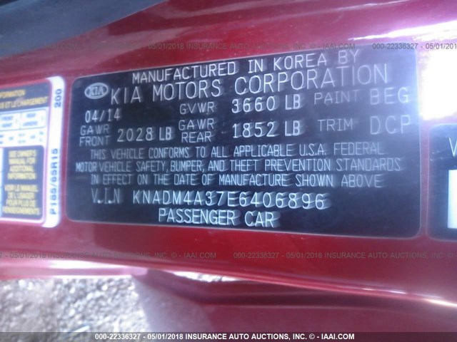 KNADM4A37E6406896 - 2014 KIA RIO LX RED photo 9