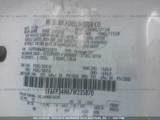 1FAFP34N67W235870 - 2007 FORD FOCUS ZX4/S/SE/SES 白色 照片 9