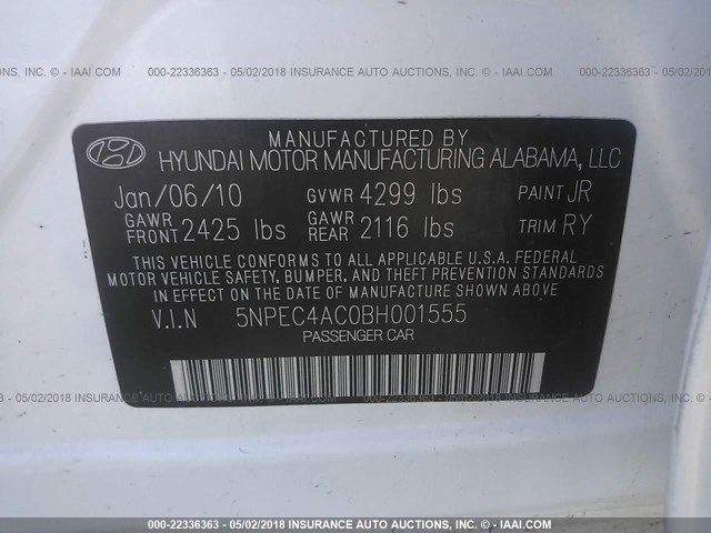 5NPEC4AC0BH001555 - 2011 HYUNDAI SONATA SE/LIMITED WHITE photo 9