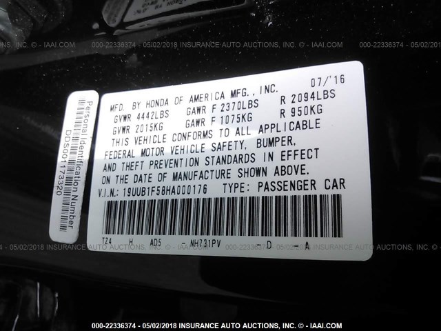 19UUB1F58HA000176 - 2017 ACURA TLX TECH BLACK photo 9