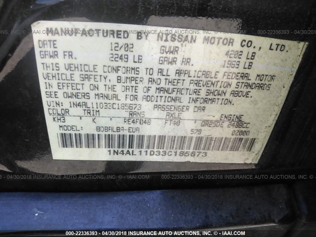 1N4AL11D33C185673 - 2003 NISSAN ALTIMA S/SL BLACK photo 9