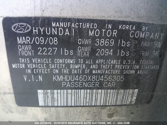 KMHDU46DX8U456305 - 2008 HYUNDAI ELANTRA GLS/SE/LIMITED GOLD photo 9