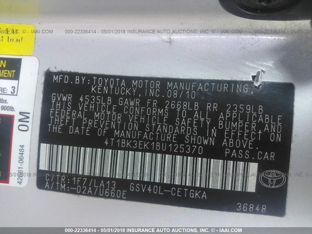 4T1BK3EK1BU125370 - 2011 TOYOTA CAMRY SE/LE/XLE 银色 照片 9