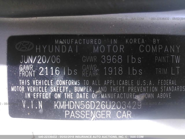 KMHDN56D26U203429 - 2006 HYUNDAI ELANTRA GLS/GT/LIMITED SILVER photo 9