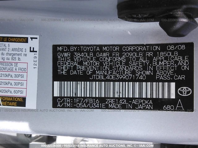 JTDBL40E399071740 - 2009 TOYOTA COROLLA LE/XLE SILVER photo 9