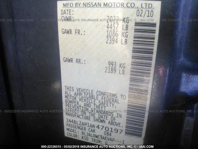 1N4BL2AP1AN470197 - 2010 NISSAN ALTIMA SR GRAY photo 9