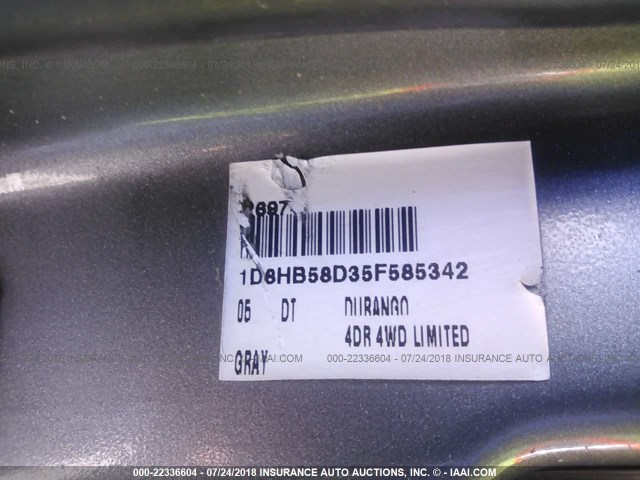 1D8HB58D35F585342 - 2005 DODGE DURANGO LIMITED GRAY photo 9