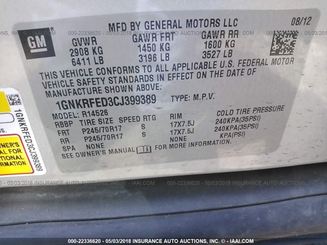 1GNKRFED3CJ399389 - 2012 CHEVROLET TRAVERSE LS SILVER photo 9