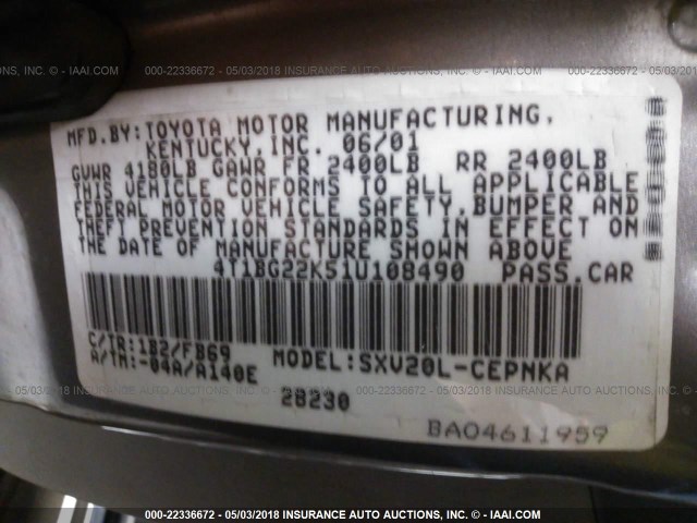 4T1BG22K51U108490 - 2001 TOYOTA CAMRY CE/LE/XLE GRAY photo 9