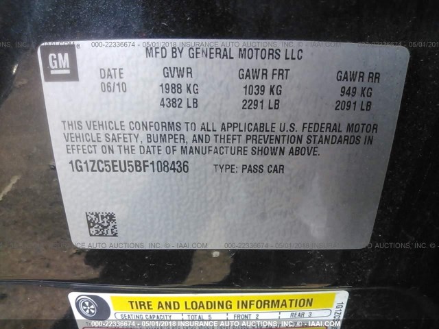 1G1ZC5EU5BF108436 - 2011 CHEVROLET MALIBU 1LT 黑色 照片 9