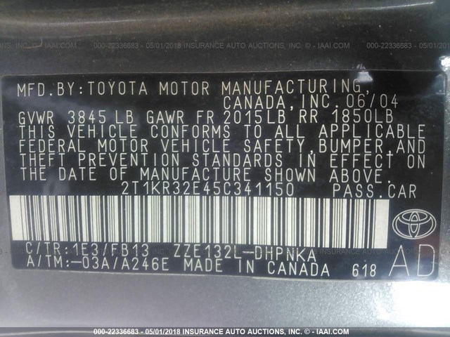 2T1KR32E45C341150 - 2005 TOYOTA COROLLA MATRIX XR GRAY photo 9