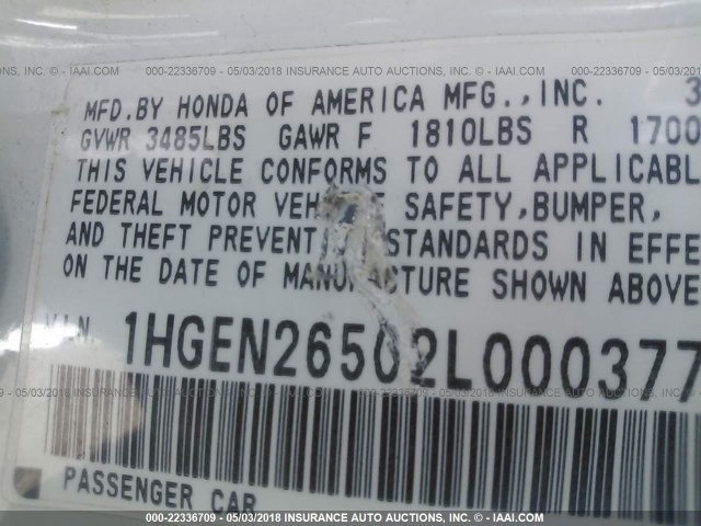 1HGEN26502L000377 - 2002 HONDA CIVIC GX WHITE photo 9