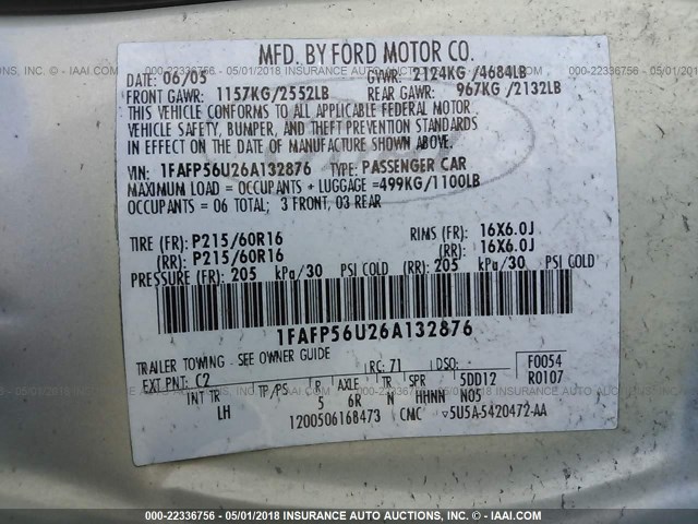 1FAFP56U26A132876 - 2006 FORD TAURUS SEL GRAY photo 9