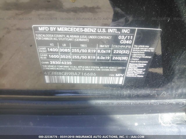 4JGBB8GB9BA716686 - 2011 MERCEDES-BENZ ML 350 4MATIC BLACK photo 9