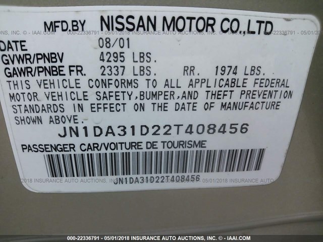 JN1DA31D22T408456 - 2002 NISSAN MAXIMA GLE/GXE/SE GOLD photo 9