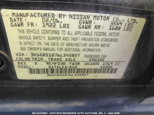 3N1CB51D76L545827 - 2006 NISSAN SENTRA 1.8/1.8S BLUE photo 9