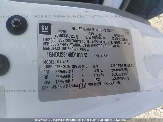 1GNDU23148D101172 - 2008 CHEVROLET UPLANDER LS WHITE photo 9