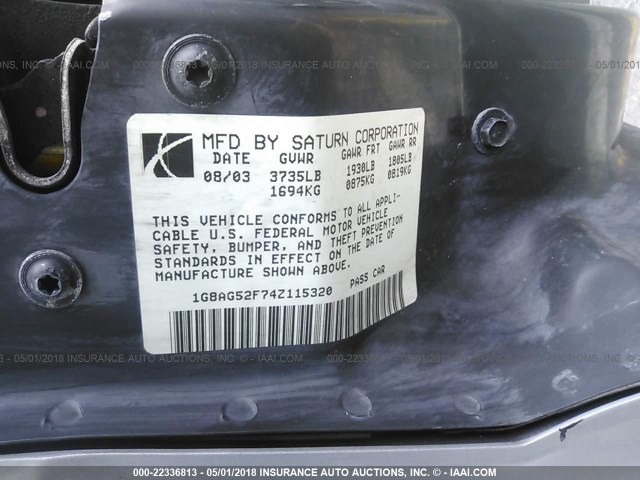 1G8AG52F74Z115320 - 2004 SATURN ION LEVEL 1 SILVER photo 9