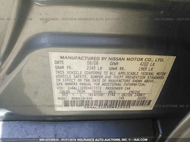 1N4AL11D36N423353 - 2006 NISSAN ALTIMA S/SL GREEN photo 9