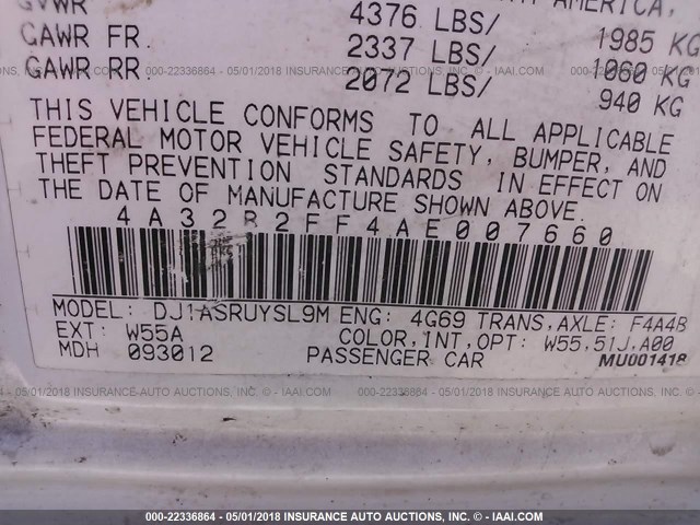 4A32B2FF4AE007660 - 2010 MITSUBISHI GALANT FE WHITE photo 9