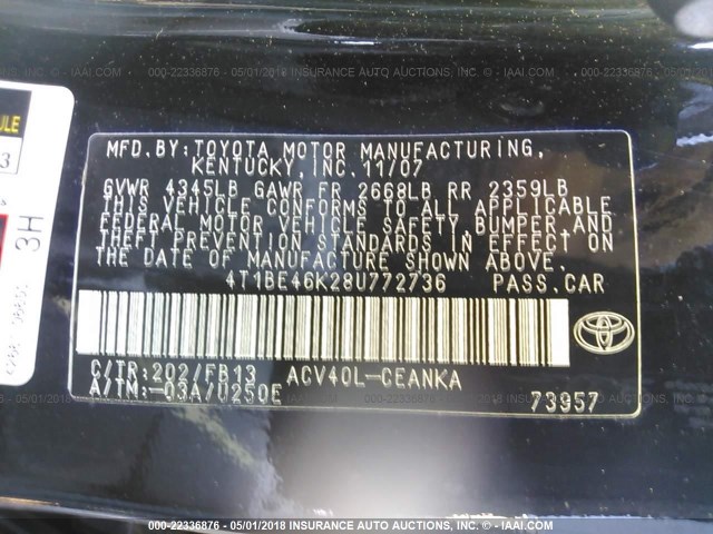 4T1BE46K28U772736 - 2008 TOYOTA CAMRY CE/LE/XLE/SE BLACK photo 9