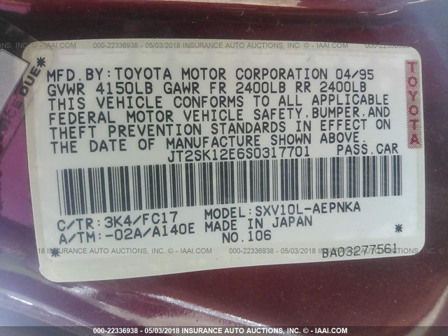 JT2SK12E6S0317701 - 1995 TOYOTA CAMRY LE RED photo 9