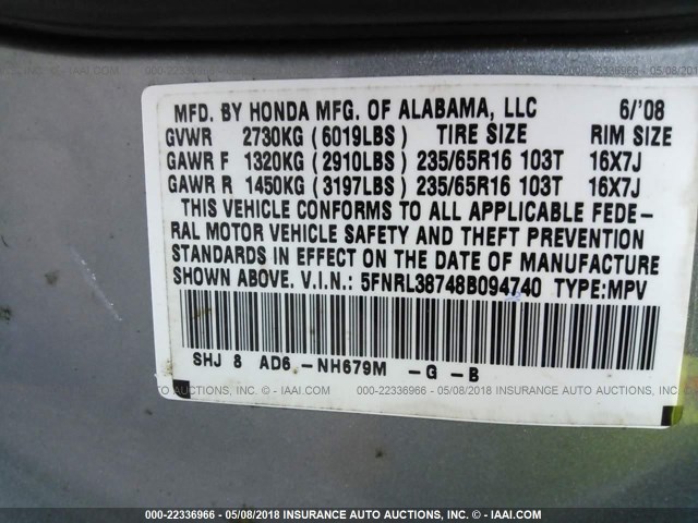 5FNRL38748B094740 - 2008 HONDA ODYSSEY EXL Light Blue photo 9