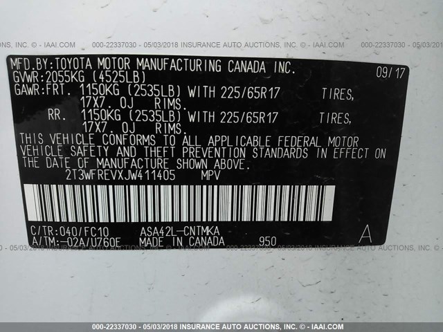 2T3WFREVXJW411405 - 2018 TOYOTA RAV4 ADVENTURE/XLE 白色 照片 9