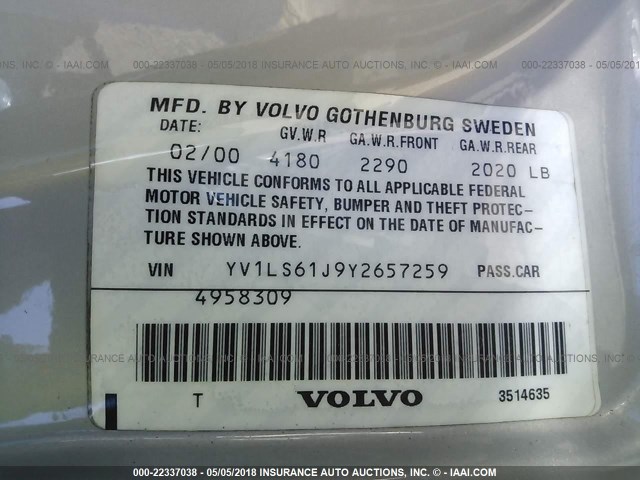 YV1LS61J9Y2657259 - 2000 VOLVO S70 SE GRAY photo 9