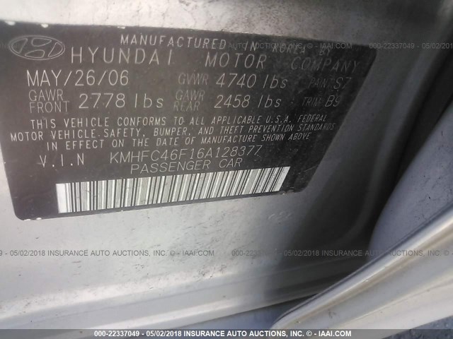 KMHFC46F16A128377 - 2006 HYUNDAI AZERA SE/LIMITED SILVER photo 9