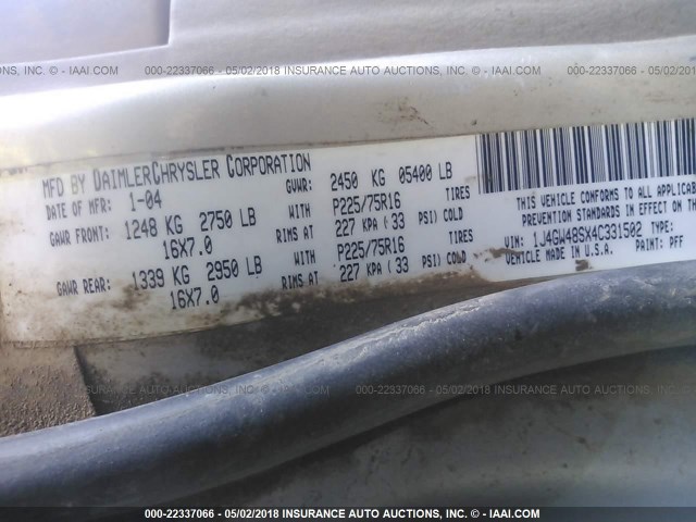 1J4GW48SX4C331502 - 2004 JEEP GRAND CHEROKEE LAREDO/COLUMBIA/FREEDOM 灰色 照片 9