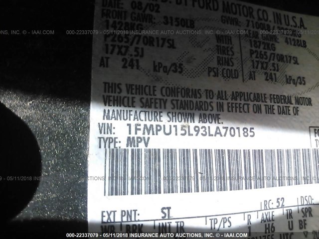 1FMPU15L93LA70185 - 2003 FORD EXPEDITION XLT მწვანე ფოტო 9