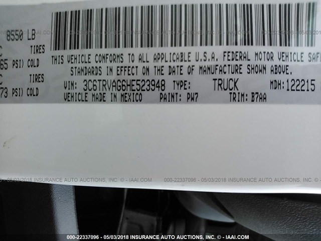 3C6TRVAG6HE523948 - 2017 RAM PROMASTER 1500 1500 STANDARD WHITE photo 9