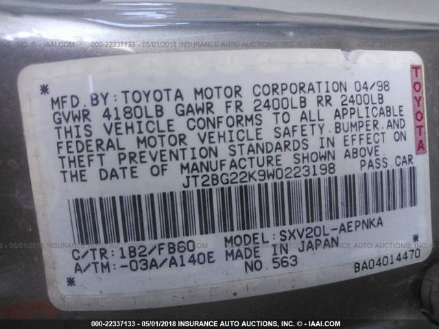 JT2BG22K9W0223198 - 1998 TOYOTA CAMRY CE/LE/XLE 灰色 照片 9