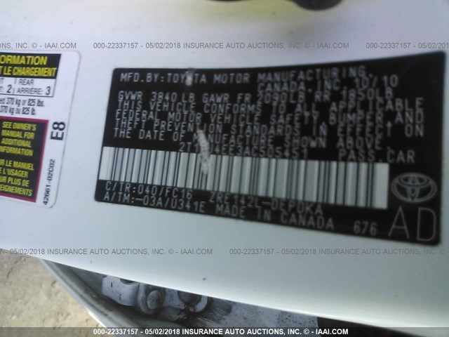 2T1BU4EE3AC505451 - 2010 TOYOTA COROLLA S/LE/XLE თეთრი ფოტო 9