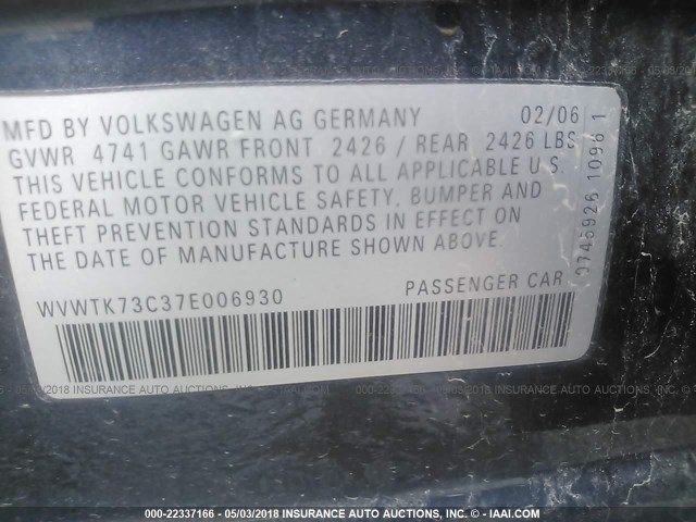 WVWTK73C37E006930 - 2007 VOLKSWAGEN PASSAT 2.0T WAGON LUXURY BLUE photo 9