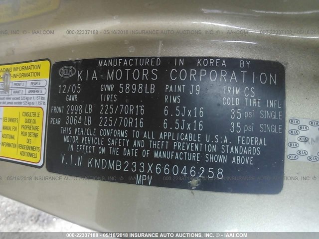 KNDMB233X66046258 - 2006 KIA SEDONA EX/LX 米色 照片 9