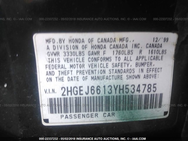 2HGEJ6613YH534785 - 2000 HONDA CIVIC SE GREEN photo 9