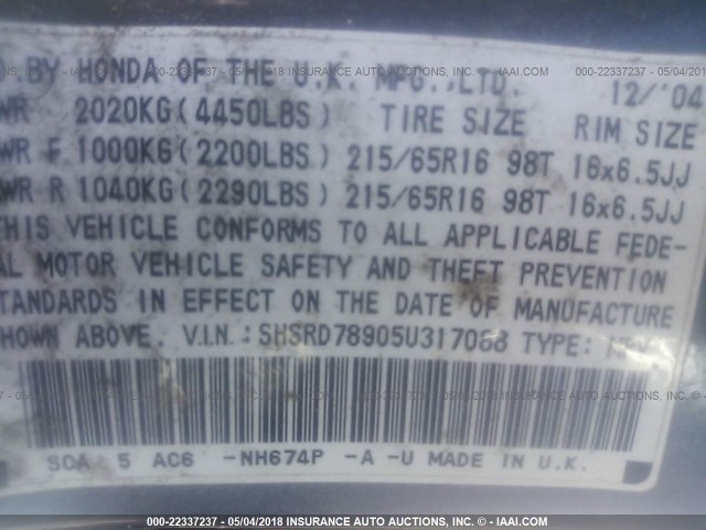 SHSRD78905U317088 - 2005 HONDA CR-V SE/EX GRAY photo 9