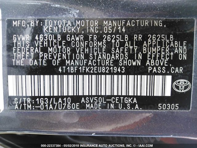 4T1BF1FK2EU821943 - 2014 TOYOTA CAMRY L/SE/LE/XLE 灰色 照片 9