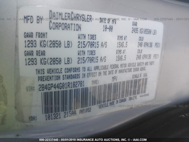 2B4GP44G01R182781 - 2001 DODGE GRAND CARAVAN SPORT SILVER photo 9