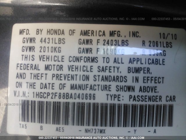 1HGCP2F88BA040696 - 2011 HONDA ACCORD EXL GRAY photo 9