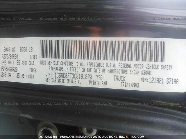 1C6RD6FT3CS191820 - 2012 DODGE RAM 1500 ST BLACK photo 9