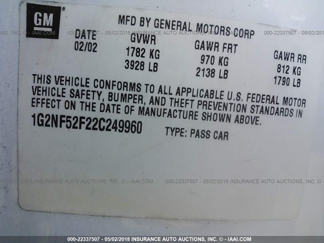 1G2NF52F22C249960 - 2002 PONTIAC GRAND AM SE1 WHITE photo 9