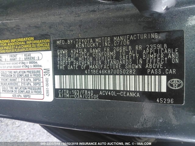 4T1BE46K87U050282 - 2007 TOYOTA CAMRY NEW GENERAT CE/LE/XLE/SE GRAY photo 9