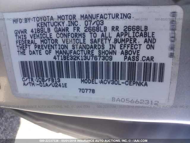 4T1BE32K13U767309 - 2003 TOYOTA CAMRY LE/XLE/SE ვერცხლისფერი ფოტო 9