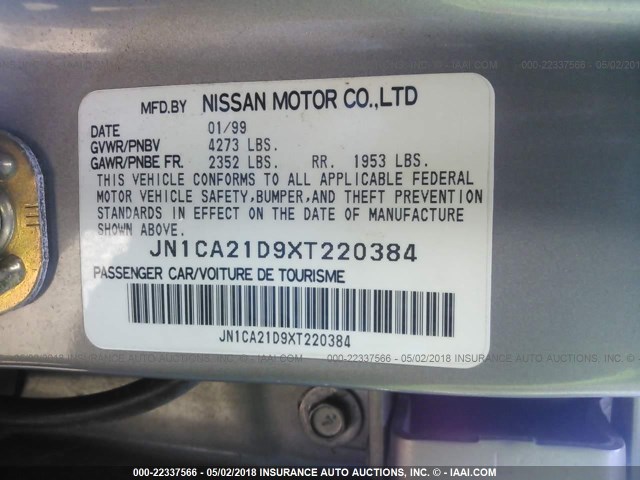 JN1CA21D9XT220384 - 1999 NISSAN MAXIMA GLE/GXE/SE GRAY photo 9