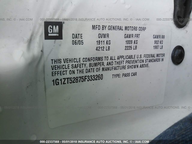 1G1ZT52875F333260 - 2005 CHEVROLET MALIBU LS WHITE photo 9