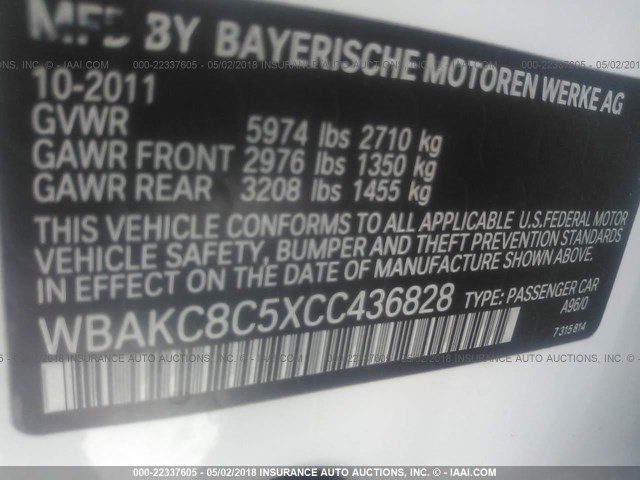 WBAKC8C5XCC436828 - 2012 BMW 750 LXI WHITE photo 9